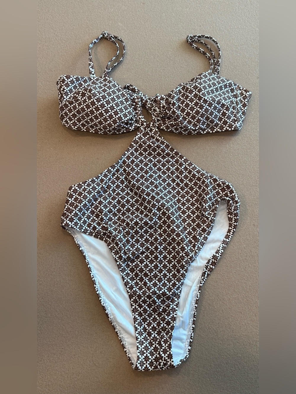 Cupshe Brown & White Floral Cutout One-Piece Swimsuit